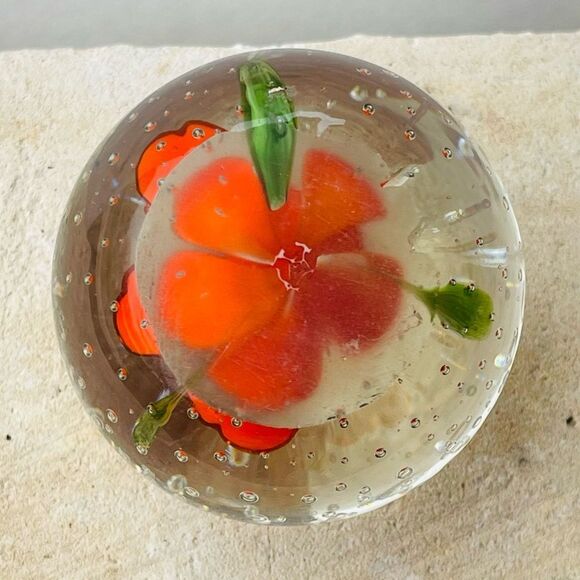 Vintage Orange Flower Bubble Clear Art Glass Round Paper Weight - Picture 14 of 16